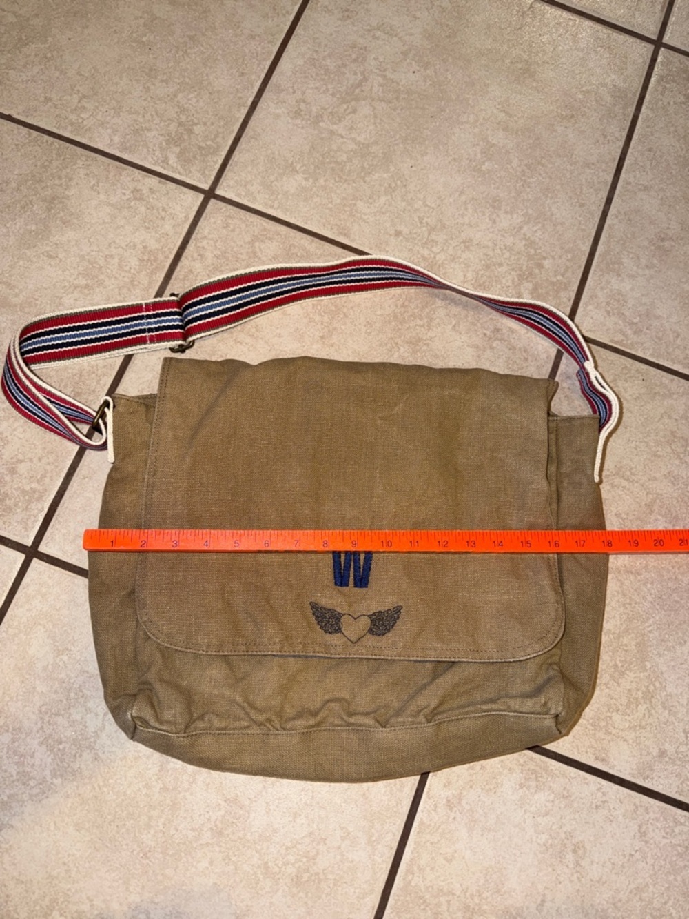 Khaki Canvas Messenger Bag with Striped Shoulder Strap W monogram - Picture 4 of 8